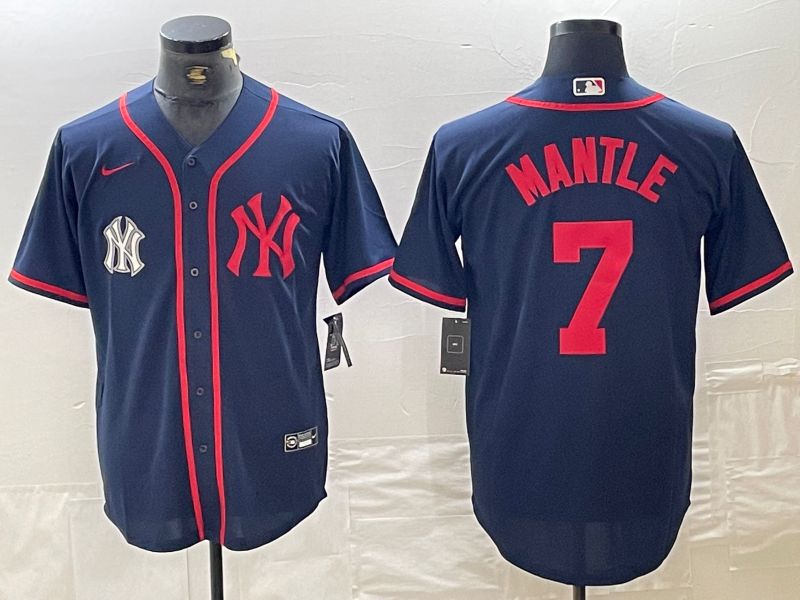 Men New York Yankees 7 Mantle Blue Third generation joint name Nike 2024 MLB Jersey style 2